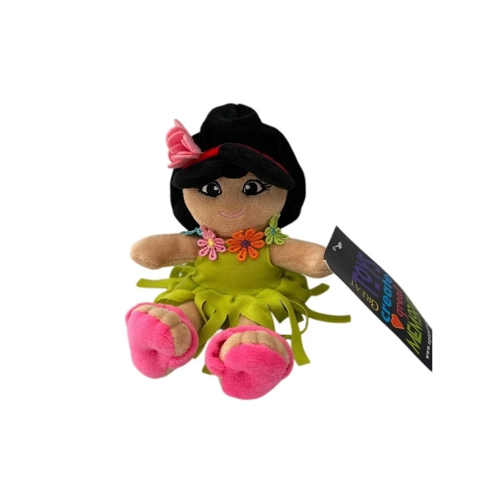 Snuggle Stuffs Hula Girl Plush Doll Lime Green Fringe Dress Pink Sandals 10 inch